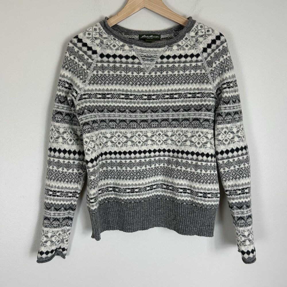 Eddie Bauer Women’s M Fair Isle 100% Wool Gray White Roll Neck Preppy Nordic